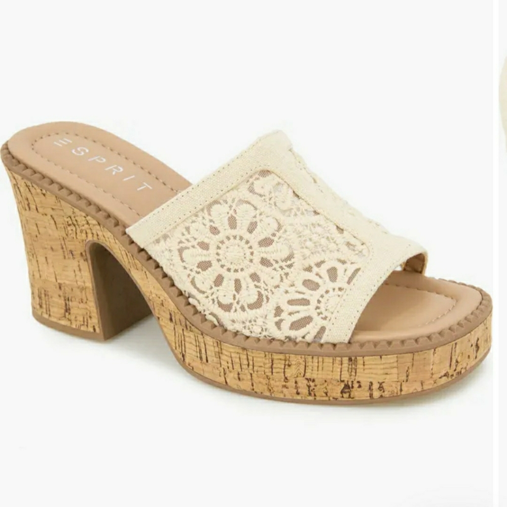 ESPRIT Pheby Floral Embroidered Platform Corks Block Heel Sandals Neutral Boho